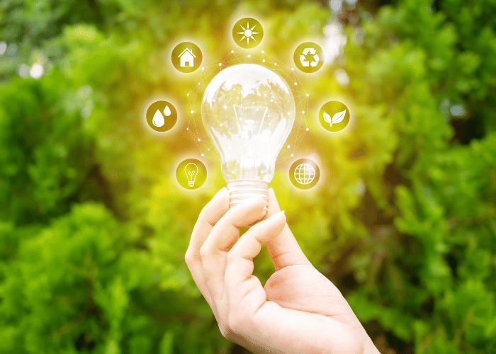 Hand holding a glowing light bulb outdoors with sustainability icons surrounding it, representing energy efficiency, renewable energy, and eco-friendly practices.