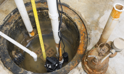 Close-up view of a sump basin with two sump pumps installed, showing water accumulation and surrounding piping. One pump is visibly new, while the other is rusty and worn. Protect your sump pump from flooding in Champaign-Urbana, IL, by ensuring regular maintenance and proper installation.