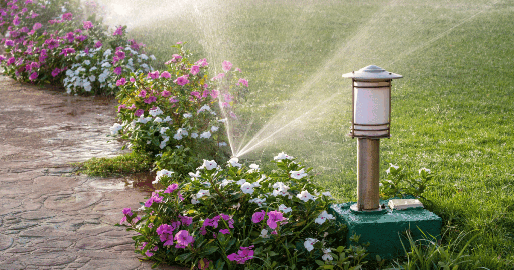 Sprinkler system watering a landscaped garden with blooming pink and white flowers along a stone path, next to a metal outdoor light fixture on a green lawn.