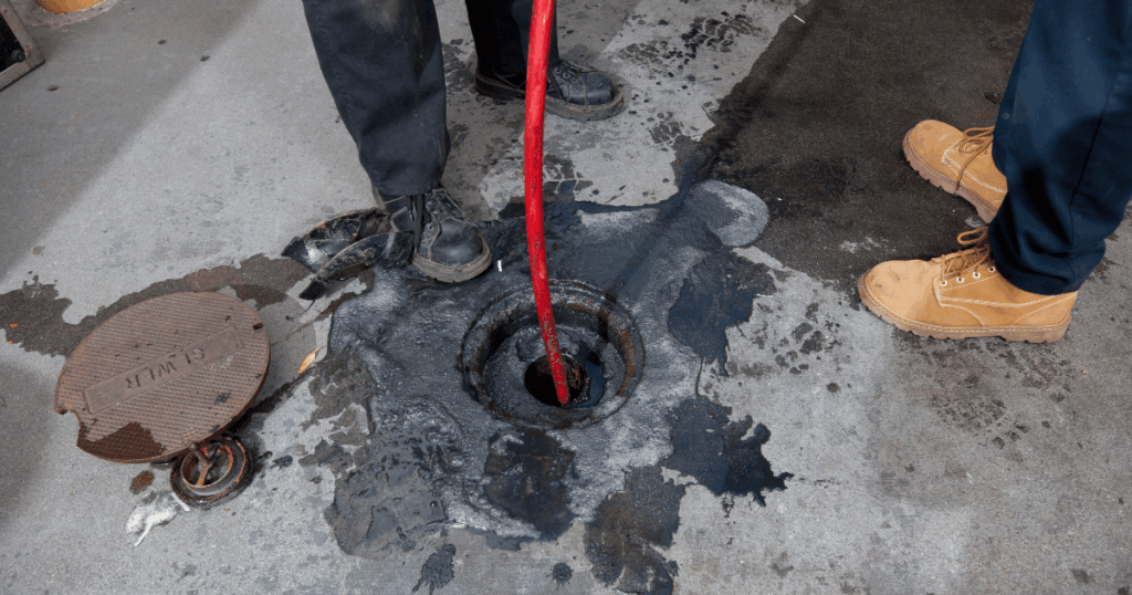 Two plumbers using a red drain snake to clear a clogged sewer line through a floor cleanout, with water and debris around the opening.
