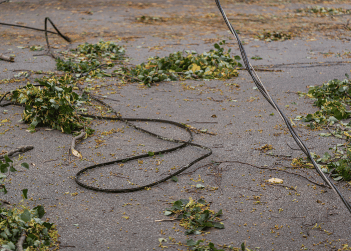 Downed power lines on a residential street covered in storm debris
